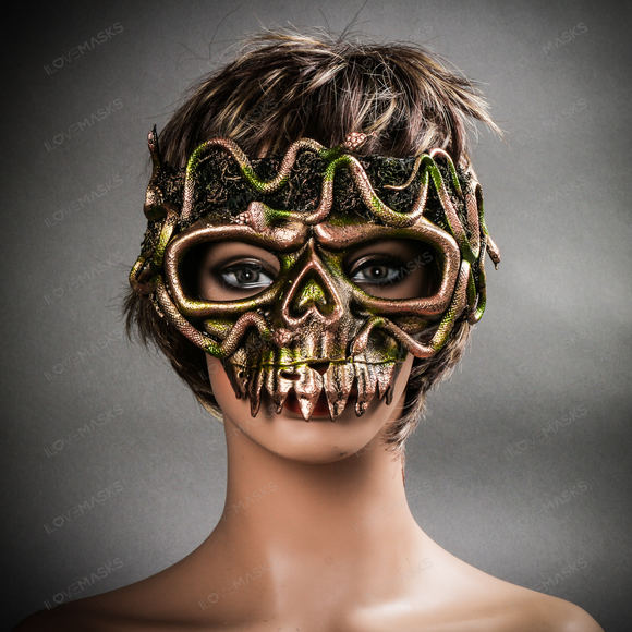 Grim Reaper Skull Woodland Medusa Snake Masquerade Mask - Gold - Picture 8 of 10